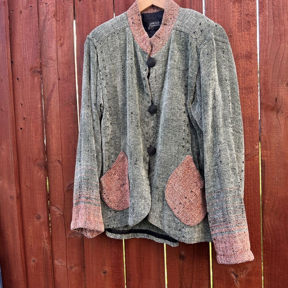 Vintage Camille Benjamin Green And Peach Chenille Jacket Size Small Lagenlook